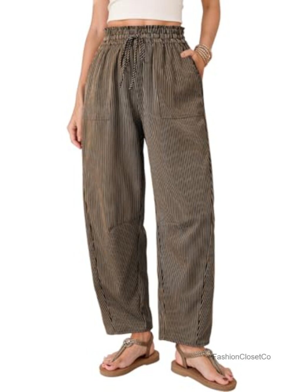 Wide Leg Casual Pants with Pockets Elastic High Waisted Drawstring Loose Fit